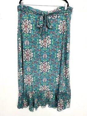 Bisou‎ Bisou Colorful Stretch Maxi Skirt Teal Green Ruffle Belted Floral 2X